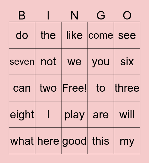 Sight Words Bingo Card