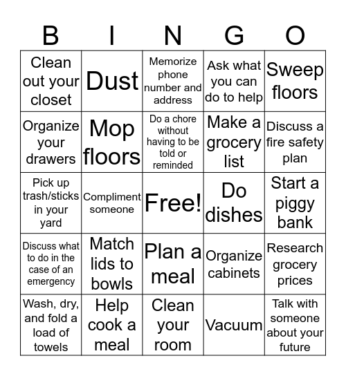 Life Skills Bingo Card