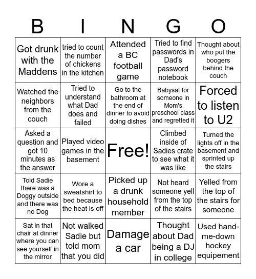 Gleason Household BINGO Card