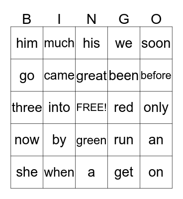 Sight Words Bingo Card