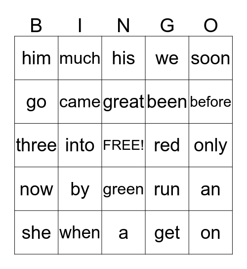Sight Words Bingo Card