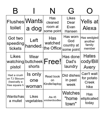 Lister Family Bingo Card