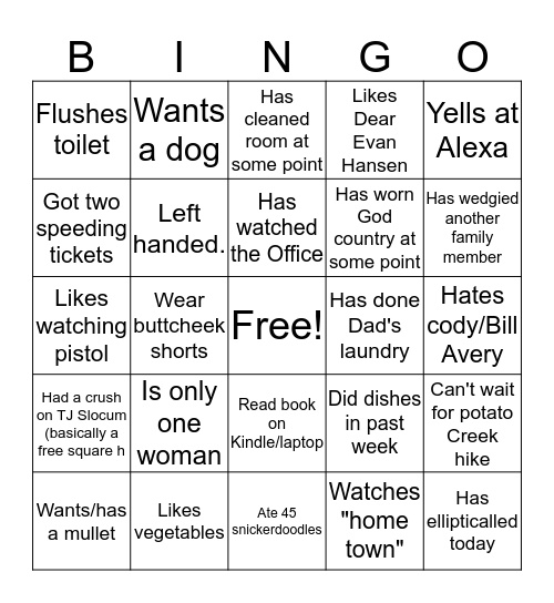 Lister Family Bingo Card