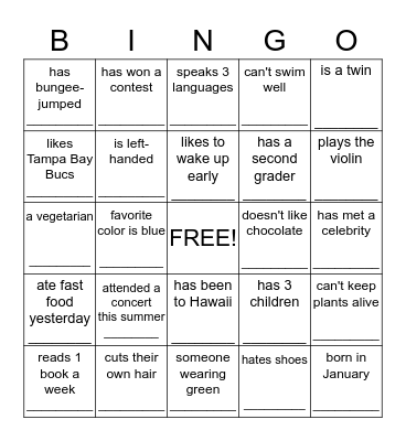 "Get to Know You" Bingo  Bingo Card