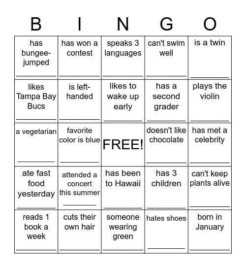 "Get to Know You" Bingo  Bingo Card