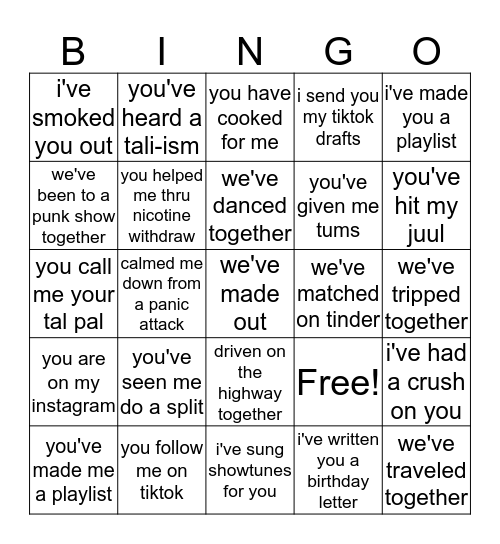 Bingo TALI Version Bingo Card