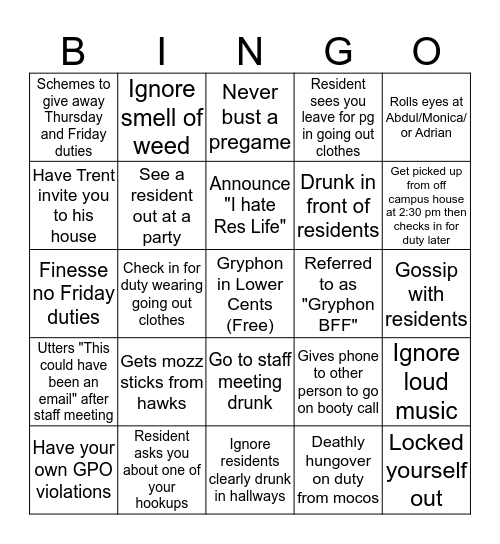 Fun Police Bingo Card