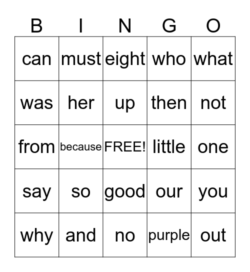 Sight Words Bingo Card