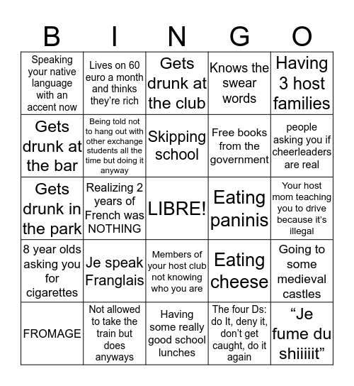 Being a Rotary youth Exchange student in france Bingo Card
