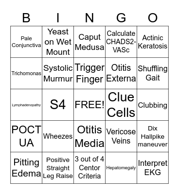 Family Medicine Physical Exam Bingo Card