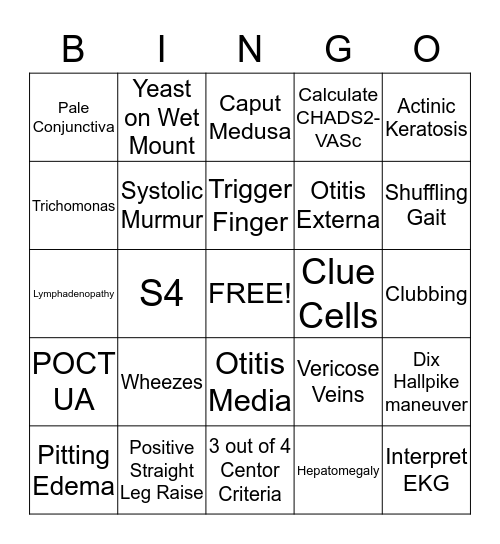 Family Medicine Physical Exam Bingo Card