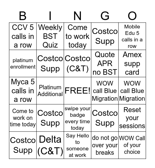 Sales Game  Bingo Card