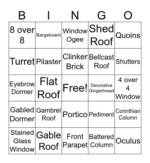 Neighborhood Architectural Bingo Card