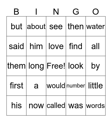 Kindergarten Sight Words #1 Bingo Card