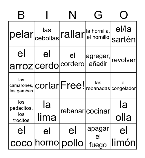 La cocina hispana Bingo Card