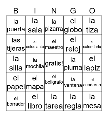 Cosas en la Clase Bingo Card