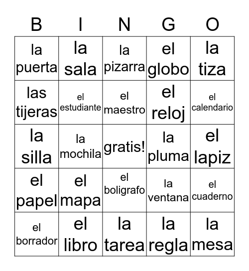 Cosas en la Clase Bingo Card