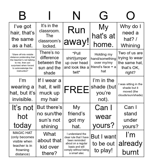 Stupid Hat Excuses Bingo Card