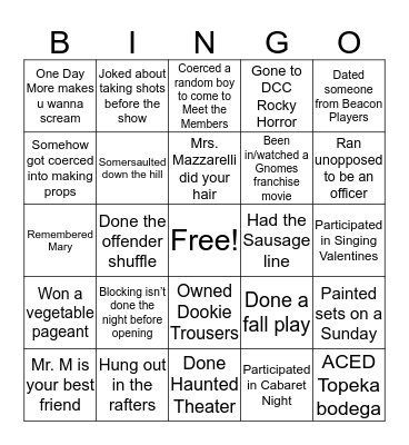 Spack Onstage Bingo Card