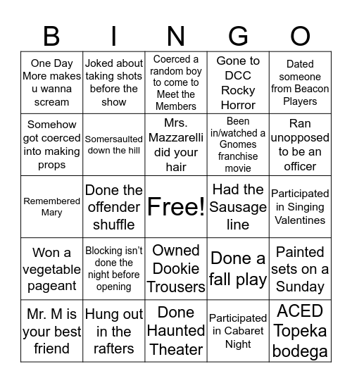 Spack Onstage Bingo Card