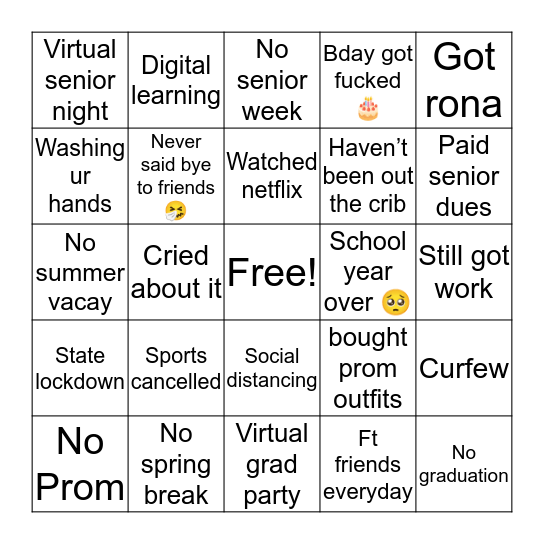Senior Year 2020 Bingo Card