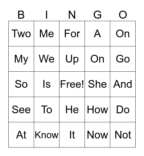 Sight Words Bingo Card