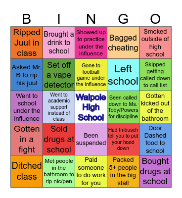 Walpole High School Bingo Card