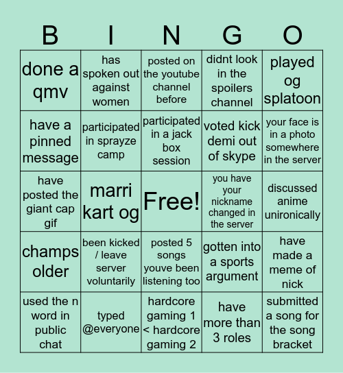 sprayze bingo Card