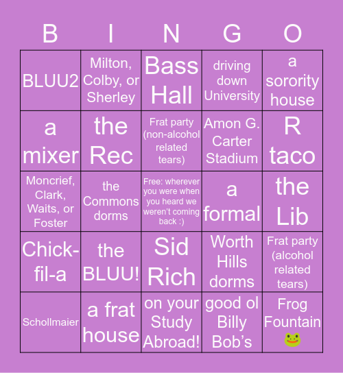 Where have you cried at TCU? Bingo Card