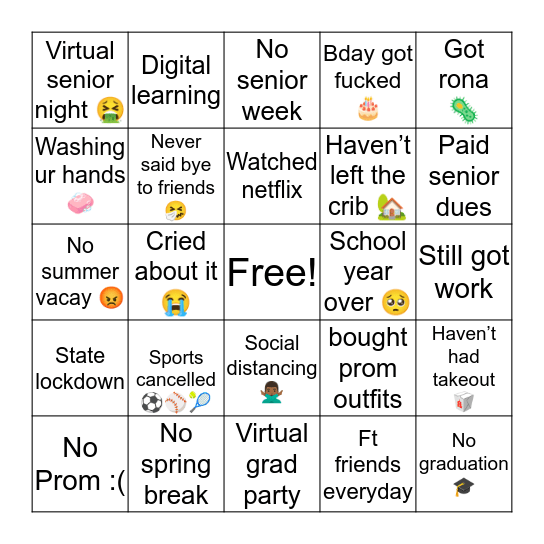 Senior Year 2020 💩 Bingo Card