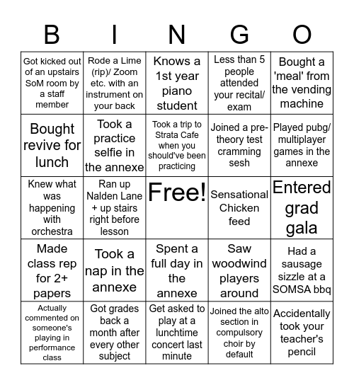 The University of Auckland SoM Bingo Card