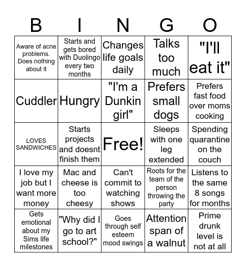 Katie Personality Bingo Card