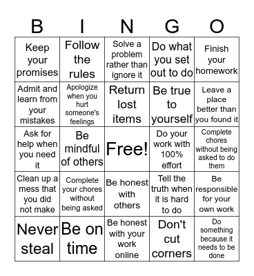 Honesty and Integrity Bingo Card