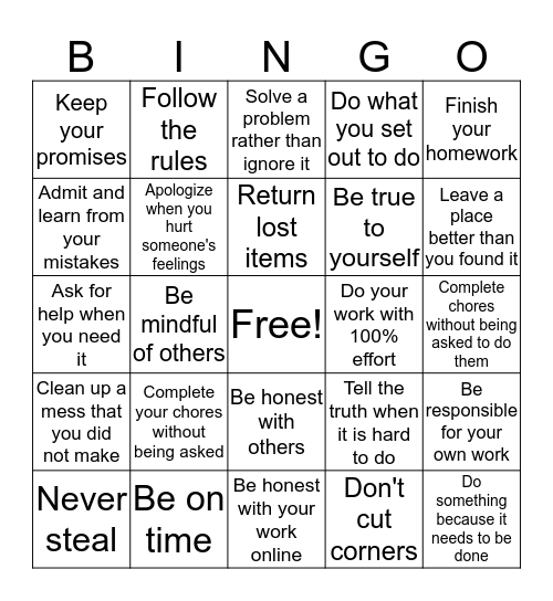 Honesty and Integrity Bingo Card