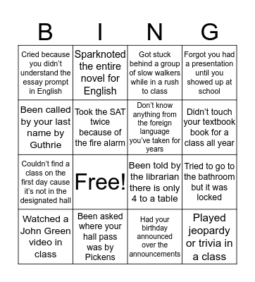 SRHS Bingo Card