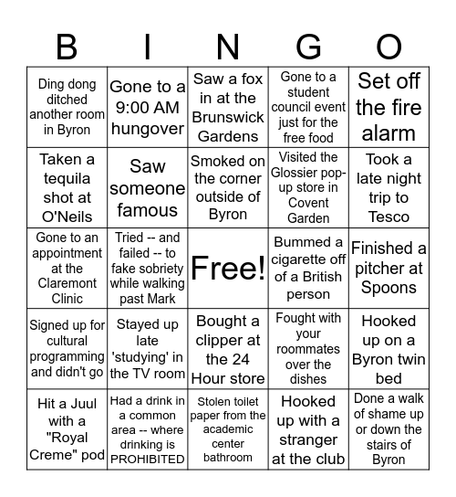 NYU London Bingo: Freshman Year Bingo Card