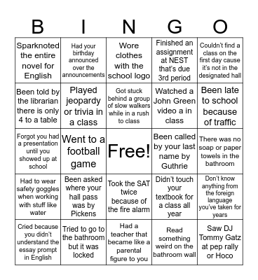 SRHS Bingo Card