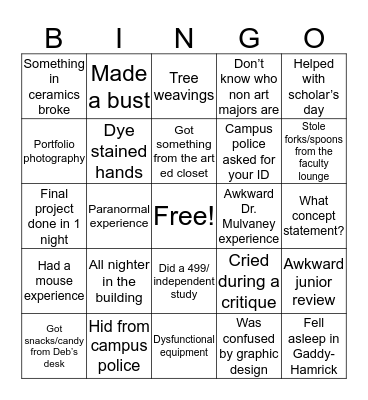 Art Department Bingo Card