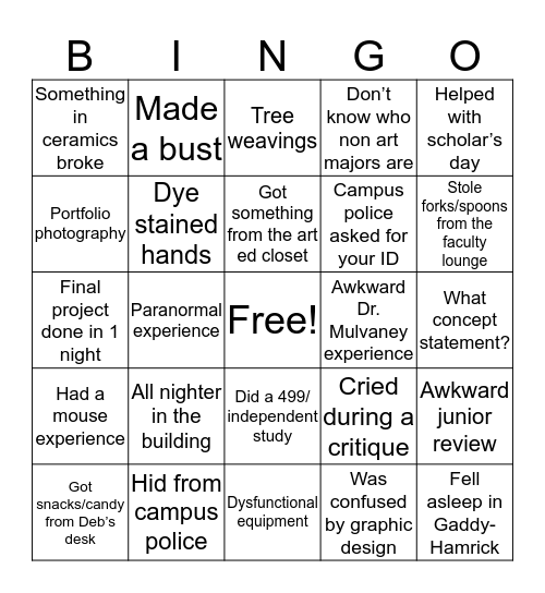 Art Department Bingo Card