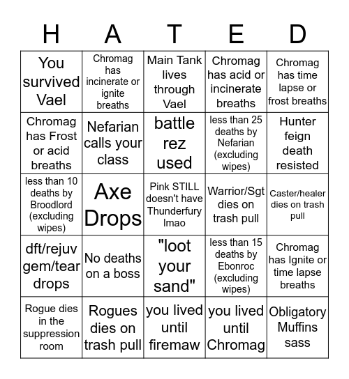 BWL H A T E D BINGO Card