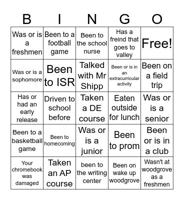 Woodgrove High School Bingo Card