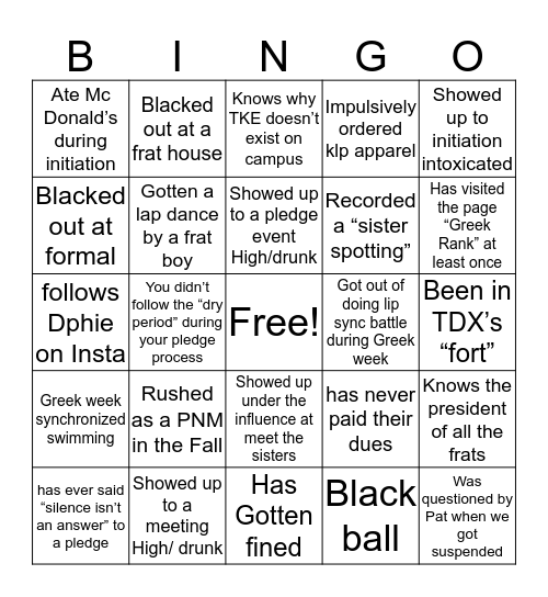 Kappa Lambda Psi Bingo Card