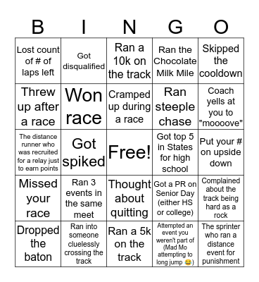 Track & Field Bingo Card