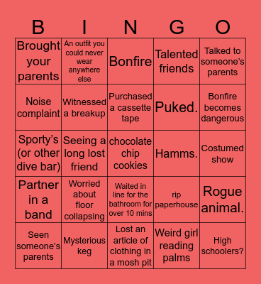 DIY House Venue Bingo Card