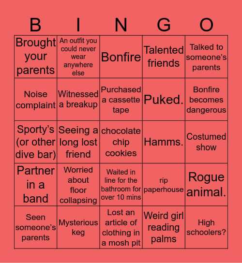 DIY House Venue Bingo Card