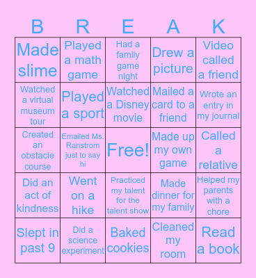 Spring Break Bingo! Bingo Card