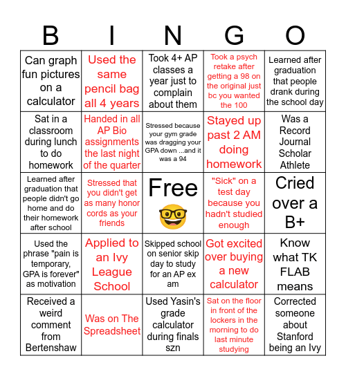 CHS Nerd Bingo Card