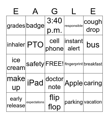 New Family Orientation Bingo Card