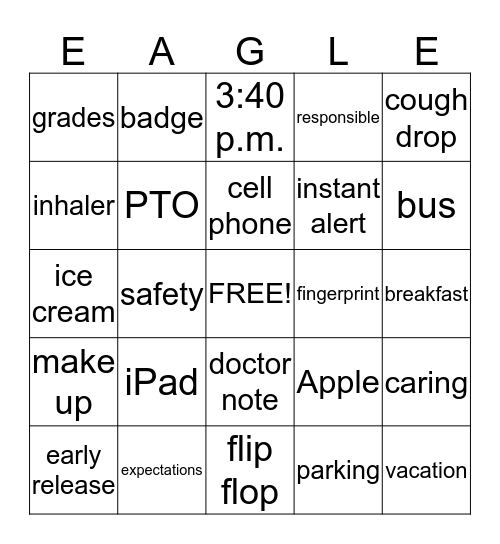 New Family Orientation Bingo Card