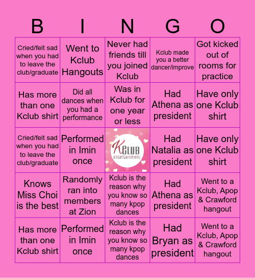 Kclub Bingo Card